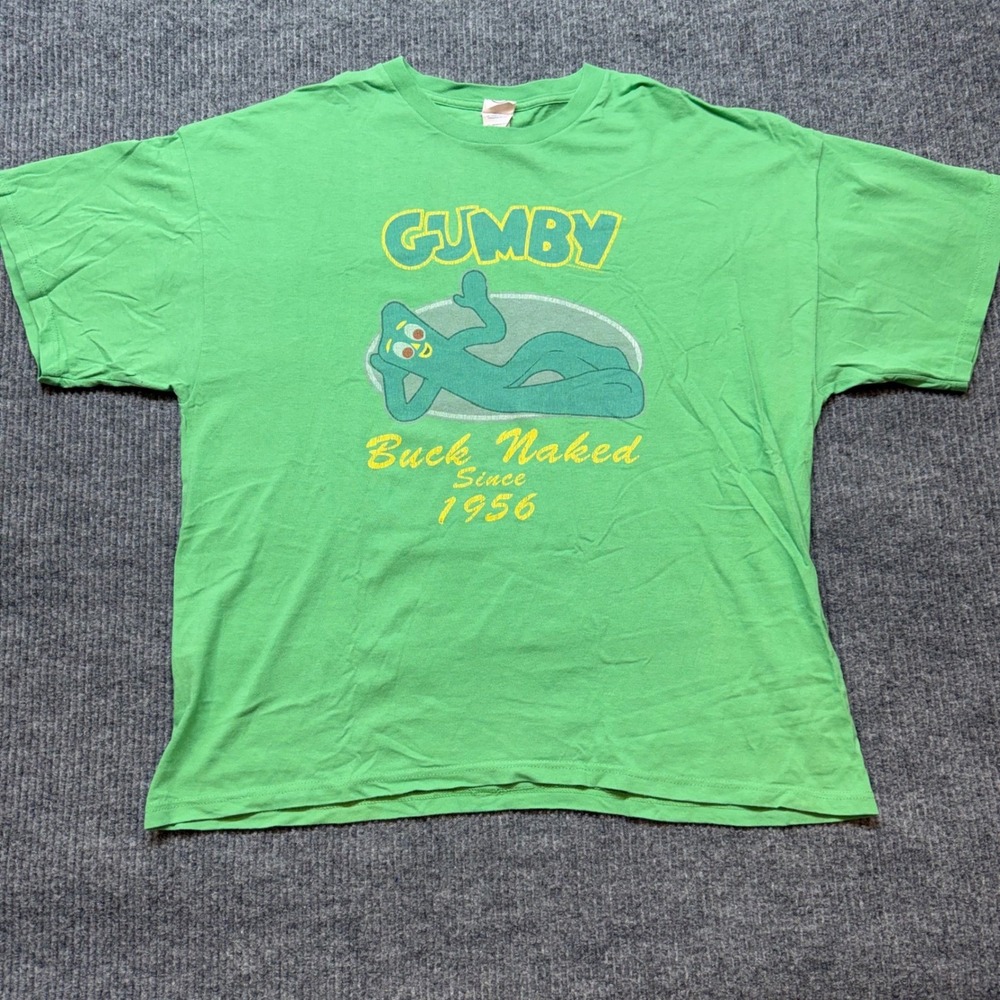 Vintage Gumby Buck Naked Since 1956 Green Graphic Tee 2XL Cartoon Y2K Retro